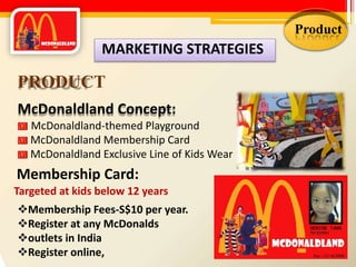 Product
PRODUCT
McDonaldland Concept:
McDonaldland-themed Playground
McDonaldland Membership Card
McDonaldland Exclusive Line of Kids Wear
MARKETING STRATEGIES
Membership Card:
Targeted at kids below 12 years
Membership Fees-S$10 per year.
Register at any McDonalds
outlets in India
Register online,
 
