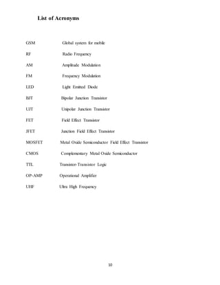 10
List of Acronyms
GSM Global system for mobile
RF Radio Frequency
AM Amplitude Modulation
FM Frequency Modulation
LED Light Emitted Diode
BJT Bipolar Junction Transistor
UJT Unipolar Junction Transistor
FET Field Effect Transistor
JFET Junction Field Effect Transistor
MOSFET Metal Oxide Semiconductor Field Effect Transistor
CMOS Complementary Metal Oxide Semiconductor
TTL Transistor-Transistor Logic
OP-AMP Operational Amplifier
UHF Ultra High Frequency
 