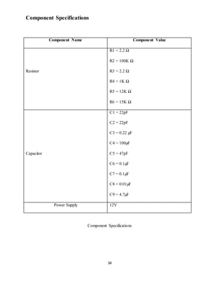 34
Component Specifications
Component Name Component Value
Resistor
R1 = 2.2 Ω
R2 = 100K Ω
R3 = 2.2 Ω
R4 = 1K Ω
R5 = 12K Ω
R6 = 15K Ω
Capacitor
C1 = 22pF
C2 = 22pF
C3 = 0.22 µF
C4 = 100µF
C5 = 47pF
C6 = 0.1µF
C7 = 0.1µF
C8 = 0.01µF
C9 = 4.7µF
Power Supply 12V
Component Specifications
 