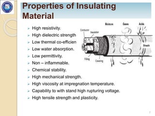 Properties of Insulating
Material
 High resistivity.
 High dielectric strength.
 Low thermal co-efficient.
 Low water absorption.
 Low permittivity.
 Non – inflammable.
 Chemical stability.
 High mechanical strength.
 High viscosity at impregnation temperature.
 Capability to with stand high rupturing voltage.
 High tensile strength and plasticity.
7
 