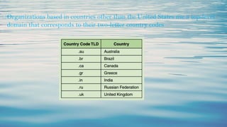 ⮚Organizations based in countries other than the United States use a top-level
domain that corresponds to their two-letter country codes
 