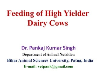 Feeding of High Yielder
Dairy Cows
Dr. Pankaj Kumar Singh
Department of Animal Nutrition
Bihar Animal Sciences University, Patna, India
E-mail: vetpank@gmail.com
 