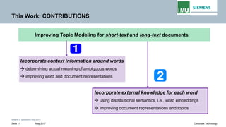 Intern © Siemens AG 2017
May 2017Seite 11 Corporate Technology
This Work: CONTRIBUTIONS
Incorporate context information around words
→ determining actual meaning of ambiguous words
→ improving word and document representations
Improving Topic Modeling for short-text and long-text documents
Incorporate external knowledge for each word
→ using distributional semantics, i.e., word embeddings
→ improving document representations and topics
 