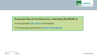 Intern © Siemens AG 2017
May 2017Seite 26 Corporate Technology
Proposed Neural Architectures, extending DocNADE to
→incorporate full context information
→incorporate pre-trained Word Embeddings
 