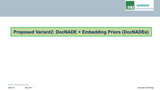 Intern © Siemens AG 2017
May 2017Seite 32 Corporate Technology
Proposed Variant2: DocNADE + Embedding Priors (DocNADEe)
 