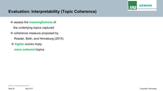 Intern © Siemens AG 2017
May 2017Seite 52 Corporate Technology
Evaluation: Interpretability (Topic Coherence)
→ assess the meaningfulness of
the underlying topics captured
→ coherence measure proposed by
Roeder, Both, and Hinneburg (2015)
→ higher scores imply
more coherent topics
 