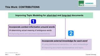 Intern © Siemens AG 2017
May 2017Seite 7 Corporate Technology
This Work: CONTRIBUTIONS
Incorporate context information around words
→ determining actual meaning of ambiguous words
→ improving word and document representations
Improving Topic Modeling for short-text and long-text documents
Incorporate external knowledge for each word
→ using distributional semantics, i.e., word embeddings
→ improving document representations and topics
 