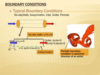 BOUNDARY CONDITIONS
 Typical Boundary Conditions
No-slip(Wall), Axisymmetric, Inlet, Outlet, Periodic
Inlet ,u=c,v=0
o
No...