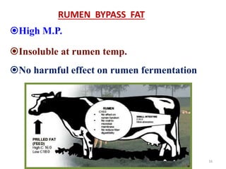 RUMEN BYPASS FAT
High M.P.
Insoluble at rumen temp.
No harmful effect on rumen fermentation
16
 