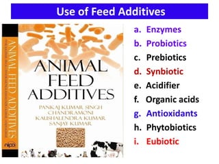 Use of Feed Additives
a. Enzymes
b. Probiotics
c. Prebiotics
d. Synbiotic
e. Acidifier
f. Organic acids
g. Antioxidants
h. Phytobiotics
i. Eubiotic
 