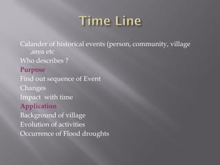 Calander of historical events (person, community, village
,area etc
Who describes ?
Purpose
Find out sequence of Event
Changes
Impact with time
Application
Background of village
Evolution of activities
Occurrence of Flood droughts
 