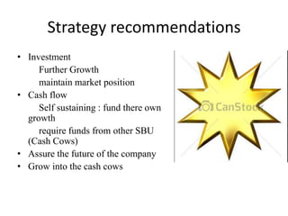 Strategy recommendations
• Investment
Further Growth
maintain market position
• Cash flow
Self sustaining : fund there own
growth
require funds from other SBU
(Cash Cows)
• Assure the future of the company
• Grow into the cash cows

 
