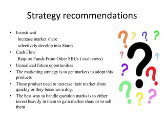 Strategy recommendations
• Investment
increase market share
selectively develop into Stares
• Cash Flow
Require Funds From Other SBUs ( cash cows)
• Unrealized future opportunities
• The marketing strategy is to get markets to adopt this
products
• These product need to increase their market share
quickly or they becomes a dog.
• The best way to handle question marks is to either
invest heavily in them to gain market share or to sell
them

 