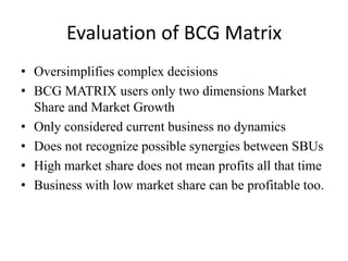 Evaluation of BCG Matrix
• Oversimplifies complex decisions
• BCG MATRIX users only two dimensions Market
Share and Market Growth
• Only considered current business no dynamics
• Does not recognize possible synergies between SBUs
• High market share does not mean profits all that time
• Business with low market share can be profitable too.

 