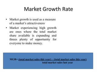 Market Growth Rate
• Market growth is used as a measure
of a market’s attractiveness
• Market experiencing high growth
are ones where the total market
share available is expanding and
threes plenty of opportunity for
everyone to make money.

MGR= (total market sales this year) – (total market sales this year)
total market sales last year

 