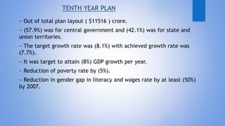 TENTH YEAR PLAN
~ Out of total plan layout ( $11516 ) crore.
~ (57.9%) was for central government and (42.1%) was for state and
union territories.
~ The target growth rate was (8.1%) with achieved growth rate was
(7.7%).
~ It was target to attain (8%) GDP growth per year.
~ Reduction of poverty rate by (5%).
~ Reduction in gender gap in literacy and wages rate by at least (50%)
by 2007.
 