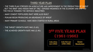 THIRD YEAR PLAN
~ THE THIRD PLAN STRESSED ON AGRICULTURE AND IMPROVEMENT IN THE PRODUCTION OF WHEAT
, BUT THE BRIEF SINO-INDIAN WAR OF 1962 EXPOSED WEAKNESS IN THE ECONOMY AND SHIFTED
THE FOCUS TOWARDS THE DEFENCE INDUSTRIES
~ MANY CEMENT FERTILISERS PANT WERE ALSO BUILT
~ PUNJAB BEGIN PRODUCING AN ABUNDANCE OF WHEAT
~ MANY PRIMARY SCHOOLS HAVE BEEN STARTED IN RURAL AREAS
~ THE TARGET GROWTH RATE WAS (5.6%)
~ THE ACHIEVED GROWTH RATE WAS (2.4%)
 