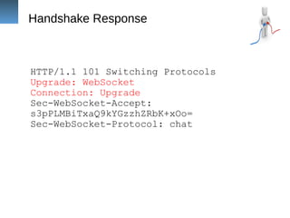 Handshake Response
HTTP/1.1 101 Switching Protocols
Upgrade: WebSocket
Connection: Upgrade
Sec-WebSocket-Accept:
s3pPLMBiTxaQ9kYGzzhZRbK+xOo=
Sec-WebSocket-Protocol: chat
 