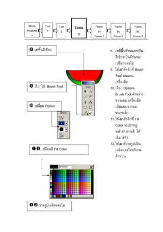 8. F ก ˈ
ˈ ก
ก
9. F F ก Brush
Tool
10. ก Options
Brush Tool F F
ˈ ก
ก
11. F F ก Fill
Color ก
F F F
ก
12. F F ˈ
F
ก F Brush Tool
Option
F F Frame
Fill Color
Tool
2
Tool
1
Frame
By
Frame 3
Frame
By
Frame 1
Frame
By
Frame 2
Tools
3
Movie
Propertie
s
 