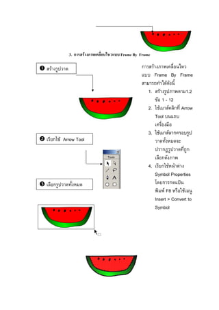 3. ก F Frame By Frame
F ก F
Frame By Frame
F
1. F 1.2
F 1 - 12
2. F F ก Arrow
Tool
3. F F ก
ก ก
ก
4. ก F F F
Symbol Properties
ก ก ˂
F F8 F
Insert > Convert to
Symbol
ก F Arrow Tool
ก
 