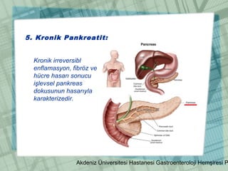 Akdeniz Üniversitesi Hastanesi Gastroenteroloji Hemşiresi P
5. Kronik Pankreatit:
Kronik irreversibl
enflamasyon, fibröz ve
hücre hasarı sonucu
işlevsel pankreas
dokusunun hasarıyla
karakterizedir.
 