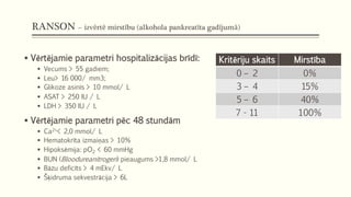 RANSON – izvērtē mirstību (alkohola pankreatīta gadījumā)
 Vērtējamie parametri hospitalizācijas brīdī:
 Vecums > 55 gadiem;
 Leu> 16 000/ mm3;
 Glikoze asinīs > 10 mmol/ L
 ASAT > 250 IU / L
 LDH > 350 IU / L
 Vērtējamie parametri pēc 48 stundām
 Ca2+< 2,0 mmol/ L
 Hematokrīta izmaiņas > 10%
 Hipoksēmija: pO2 < 60 mmHg
 BUN (Bloodureanitrogen) pieaugums >1,8 mmol/ L
 Bāzu deficīts > 4 mEkv/ L
 Šķidruma sekvestrācija > 6L
Kritēriju skaits Mirstība
0 – 2 0%
3 – 4 15%
5 – 6 40%
7 - 11 100%
 