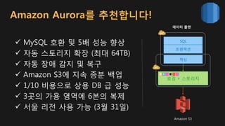 Amazon Aurora를 추천합니다!
 MySQL 호환 및 5배 성능 향상
 자동 스토리지 확장 (최대 64TB)
 자동 장애 감지 및 복구
 Amazon S3에 지속 증분 백업
 1/10 비용으로 상용 DB 급 성능
 3곳의 가용 영역에 6본의 복제
 서울 리전 사용 가능 (3월 31일)
데이터 플랜
로깅 + 스토리지
SQL
트랜잭션
캐싱
Amazon S3
 