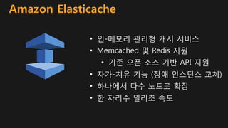 Amazon Elasticache
• 인-메모리 관리형 캐시 서비스
• Memcached 및 Redis 지원
• 기존 오픈 소스 기반 API 지원
• 자가-치유 기능 (장애 인스턴스 교체)
• 하나에서 다수 노드로 확장
• 한 자리수 밀리초 속도
 