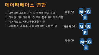 데이터베이스 연합
• 데이터베이스를 기능 및 목적에 따라 분리
• 하지만, 데이터베이스간 교차-함수 쿼리가 어려움
• 기본적으로, 샤딩/NoSQL을 지연
• 거대한 단일 함수 및 테이블에는 도움 안 됨
포럼 DB
사용자 DB
제품 DB
 