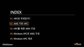 01. HPC란 무엇인가?
02. AWS 기반 HPC
03. HPC를 위한 AWS 구성
04. Windows HPC의 AWS 구성
05. Windows HPC 데모
INDEX
 