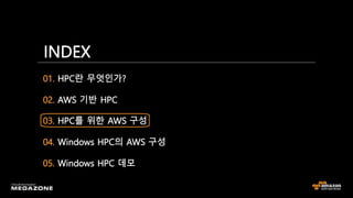 01. HPC란 무엇인가?
02. AWS 기반 HPC
03. HPC를 위한 AWS 구성
04. Windows HPC의 AWS 구성
05. Windows HPC 데모
INDEX
 