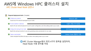 HPC Cluster Manager에서 위의 4가지 항목을 설정하여,
Head Node 사용 준비를 마침
4
Network 설정
사용자 계정 자격 증명
신규 Node 네이밍 규칙
Default Node 템플릿 지정
HPC Cluster Head Node 설정-4
AWS에 Windows HPC 클러스터 설치
 