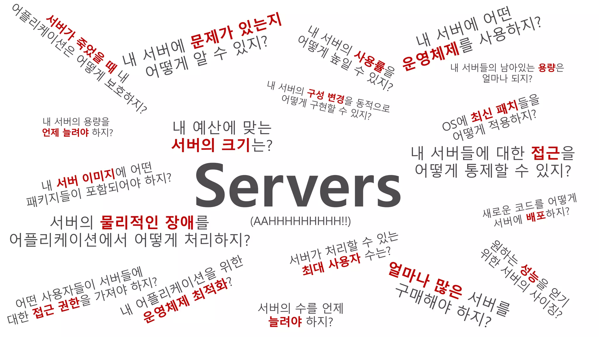 Servers서버의 물리적인 장애를
어플리케이션에서 어떻게 처리하지?
내 서버들에 대한 접근을
어떻게 통제할 수 있지?
서버의 수를 언제
늘려야 하지?
내 서버의 용량을
언제 늘려야 하지? 내 예산에 맞는
서버의 크기는?
내 서버들의 남아있는 용량은
얼마나 되지?
(AAHHHHHHHHH!!)
 