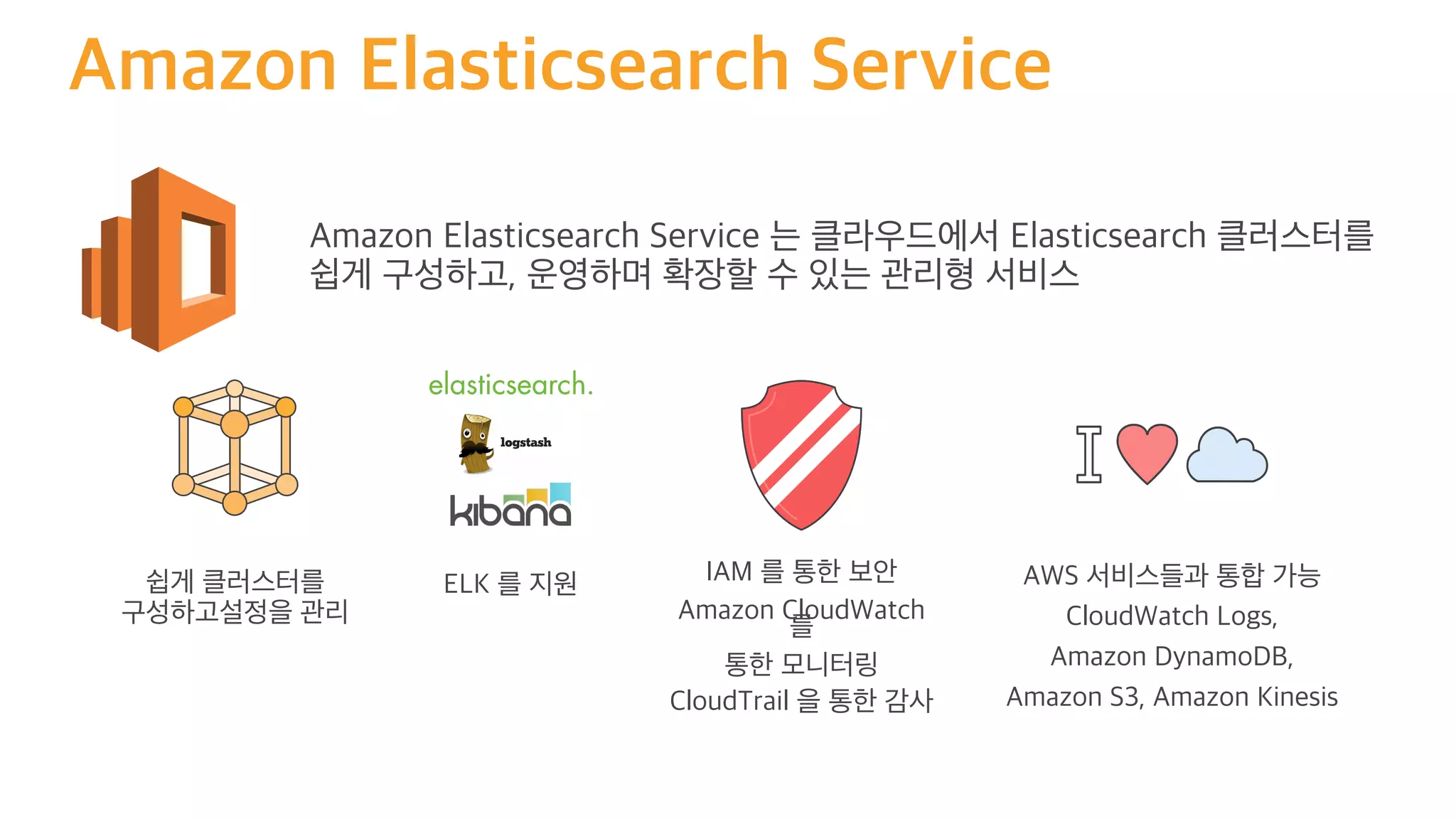 Amazon Elasticsearch Service 는 클라우드에서 Elasticsearch 클러스터를
쉽게 구성하고, 운영하며 확장할 수 있는 관리형 서비스
쉽게 클러스터를
구성하고설정을 관리
IAM 를 통한 보안
Amazon CloudWatch
를
통한 모니터링
CloudTrail 을 통한 감사
AWS 서비스들과 통합 가능
CloudWatch Logs,
Amazon DynamoDB,
Amazon S3, Amazon Kinesis
ELK 를 지원
Amazon Elasticsearch Service
 