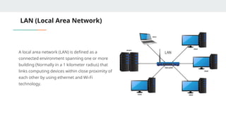 LAN (Local Area Network)
A local area network (LAN) is defined as a
connected environment spanning one or more
building (Normally in a 1 kilometer radius) that
links computing devices within close proximity of
each other by using ethernet and Wi-Fi
technology.
 