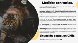 Medidas sanitarias.
Los gatos no pueden salir de la casa y tienen que estar alejados de gatos
potencialmente infectados (callejeros).
Si hay más de un gato en el hogar y uno de ellos tiene la enfermedad, éste debe
permanecer separado del resto sin poder compartir comederos, bebederos y
tener bandejas sanitarias separar los unos de los otros para reducir así los
riesgos.
En el caso de adoptar un nuevo gato de la calle o que no tengamos la certeza de
que ha estado bien cuidado y por tanto se desconoce su situación sanitaria, lo
primero que hay que hacer es que no esté en contacto con el otro gato y
evaluarlo para descartar esta y otras enfermedades que pudiera tener para evitar
riesgos innecesarios.
Los gatos positivos a la enfermedad deben ser castrados para evitar que se
transmita la enfermedad a su descendencia.
Se recomienda tirar todos los objetos que hayan estado en contacto con el gato
enfermo y utilizar lejía en aquellos de los que no nos podamos desprender.
Se aconseja utilizar primero un detergente enzimático y, después, aplicar la lejía y
dejarla actuar durante 10 minutos.
Situación actual en Chile.
Aislado en Chile por primera vez en 1981.
 