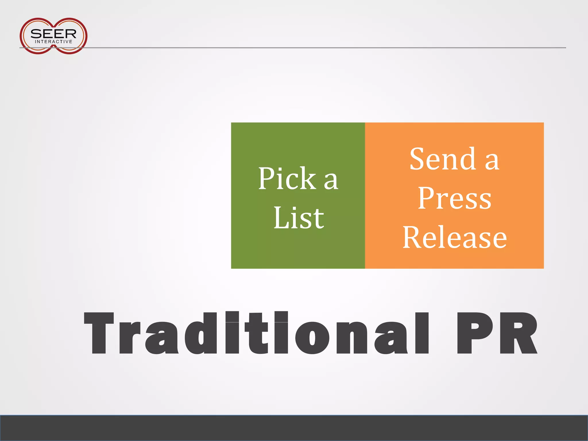 Send a
Press
Release
Pick a
List
Traditional PR
 