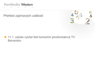 Přehled zajímavých událostí




 11.1. začala vysílat třetí komerční plnoformátová TV
  Barrandov
 