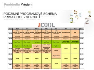 PODZIMNÍ PROGRAMOVÉ SCHÉMA
PRIMA COOL - SHRNUTÍ

                                                        PRIMA COOL 2010
                                                                     Autumn
  Time          Mon                Tue               Wed               Thu                   Fri                Sat              Sun         Time
                Buffy/             Buffy/             Buffy/             Buffy/             Buffy/
          Star Trek The Next Star Trek The Next Star Trek The Next Star Trek The Next Star Trek The Next   Defying Gravity       Glee
  18:00       Generation         Generation         Generation         Generation         Generation                                         18:00

              Simpsons           Simpsons           Simpsons           Simpsons          Simpsons            Simpsons          Simpsons

  19:00       Simpsons           Simpsons           Simpsons           Simpsons          Simpsons            Simpsons          Simpsons      19:00

                                                                                                            World´s Most      World´s Most
             Fear Factor        Fear Factor        Fear Factor        Fear Factor        Fear Factor
                                                                                                           Amazing Video     Amazing Video
  20:00                                                                                                                                      20:00
                                                                      Criss Angel
              Top Gear       Ice Road Truckers Pushing Daisies                            Top Gear
                                                                    Simpsons XXI
  21:00      Futurama/          Futurama/          Futurama/          Futurama/                                movie            movie        21:00
          Big Bang Theory    Big Bang Theory    Big Bang Theory    Big Bang Theory
                                                                                           Heroes
           How I Met Your     How I Met Your     How I Met Your     How I Met Your
               Mother             Mother             Mother             Mother
  22:00                                                                                                                                      22:00
                                                                                        Supernatural

                movie              movie              movie             movie                                  movie            movie
  23:00                                                                                                                                      23:00


                                                                                           movie
  0:00          FRR                FRR                FRR                FRR                                   FRR               FRR         0:00
              Simpsons           Simpsons           Simpsons           Simpsons                              Simpsons          Simpsons
                FRR                FRR                FRR                FRR                                   FRR               FRR
              Simpsons           Simpsons           Simpsons           Simpsons                              Simpsons          Simpsons
 
