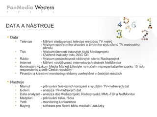 DATA A NÁSTROJE

• Data
    • Televize         - Měření sledovanosti televize metodou TV metrů
                       - Výzkum spotřebního chování a ţivotního stylu členů TV metrového
                         panelu
    •    Tisk          - Výzkum čtenosti tiskových titulů Mediaprojekt
                       - Ověřené náklady tisku ABC ČR
    •    Rádio         - Výzkum poslechovosti rádiových stanic Radioprojekt
    •    Internet      - Měření návštěvnosti internetových stránek NetMonitor
    •    Kontinuální výzkum Media Market Lifestyle na ročním reprezentativním vzorku 15 tisíc
         respondentů z celé České republiky
    •    Finanční a kreativní monitoring reklamy uveřejněné v českých médiích

• Nástroje
    •    Mamut         - plánování televizních kampaní s vyuţitím TV-metrových dat
    •    Golem         - analýza TV-metrových dat
    •    Data analyzer - analýza dat Mediaprojekt, Radioprojekt, MML-TGI a NetMonitor
    •    Medplan       - plánování tisku, rádia
    •    Yetti         - monitoring konkurence
    •    Buying        - software pro řízení běhu mediální zakázky
 