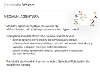 MEDIÁLNÍ AGENTURA

• Mediální agentura zajišťuje pro své klienty
 efektivní nákup reklamního prostoru ve všech typech médií

 Nezbytnou součástí efektivního nákupu jsou především:
    •   definice správné cílové skupiny pro komunikovaný produkt
    •   určení správné kombinace médií pro oslovení definované cílové skupiny
    •   vyjednání nejlepších moţných podmínek nákupu
    •   zpětná analýza realizované reklamy, vyhodnocení a doporučení
        pro další komunikaci


• PanMedia staví mediální servis na těchto čtyřech pilířích úspěšného
 mediálního nákupu
 