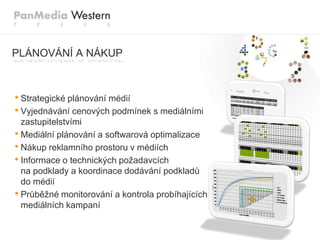 PLÁNOVÁNÍ A NÁKUP



• Strategické plánování médií
• Vyjednávání cenových podmínek s mediálními
  zastupitelstvími
• Mediální plánování a softwarová optimalizace
• Nákup reklamního prostoru v médiích
• Informace o technických poţadavcích
  na podklady a koordinace dodávání podkladů
  do médií
• Průběţné monitorování a kontrola probíhajících
  mediálních kampaní
 