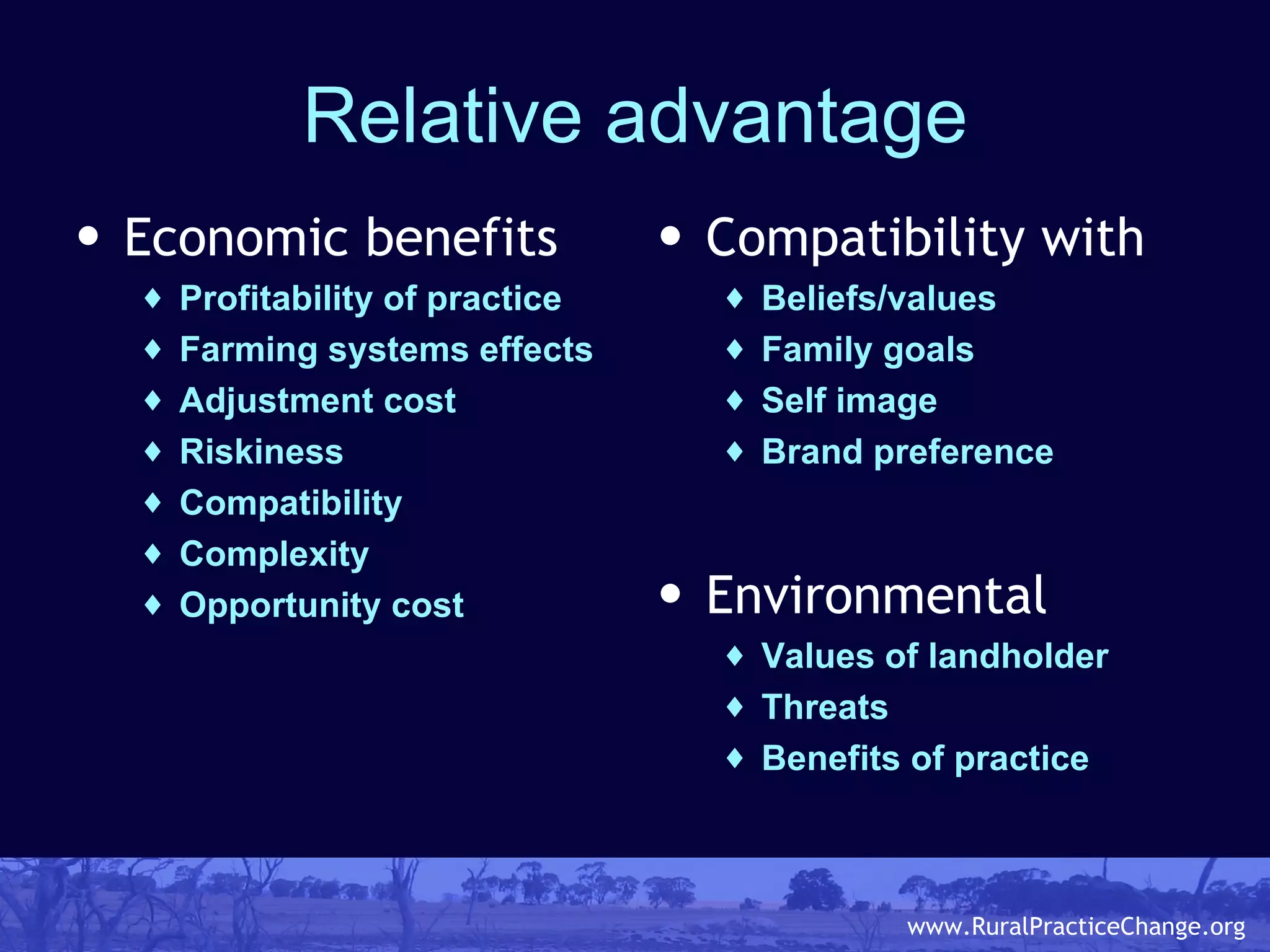 Relative advantage Economic benefits Profitability of practice Farming systems effects Adjustment cost Riskiness Compatibility Complexity Opportunity cost Compatibility with  Beliefs/values Family goals Self image Brand preference Environmental  Values of landholder Threats Benefits of practice 