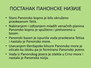 ПОСТАНАК ПАНОНСКЕ НИЗИЈЕ
• Staro Panonsko kopno je bilo okruženo
praokeanom Tetis.
• Nabiranjem i izdizanjem mladih venačnih planina
Panonsko kopno je spušteno i pretvoreno u
basen.
• Panonski basen je ispunila voda praokeana Tetisa
i nastalo je Panonsko more.
• Usecanjem Đerdapske klisure Panonsko more je
oticalo ka istoku pa je formirano Panonsko jezero.
• Voda iz Panonskog jezera je otekla u Crno more i
nastala je Panonska nizija.
 