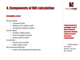 4. Components of ROI calculation

Intangible assets

Brand capital
     • Increased sales
     • Ability to hire better staff          “Improvements in
     • Increased customer loyalty            intangible assets
Social capital                               affect financial
                                             outcomes through
     • Greater collaboration
                                             chains of cause-
     • Cost of market research               and-effect
     • Lower staff turnover                  relationships”
Innovation
     • Create new markets
     • Take market share                           Robert Kaplan
Recruitment/retention                        and David
                                             Norton, Harvard
     • Lower recruiting and training costs
                                             Bus. School
 