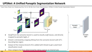 UPSNet: A Unified Panoptic Segmentation Network
● Xstuff from the semantic branch is used to classify stuff classes, and directly
mapped to panoptic logits, Z
● Xmask is retrieved by cropping Xthing from the semantic branch with GT’s
bounding box region
● Output of the instance branch (Yi) is added with Xmask to get a pixel level
classification result
● Class category has been determined by taking argmax on channel axis
Yuwen Xiong, Renjie Liao, Hengshuang Zhao, Rui Hu, Min Bai, Ersin Yumer, Raquel Urtasun. UPSNet: A Unified Panoptic Segmentation Network
 