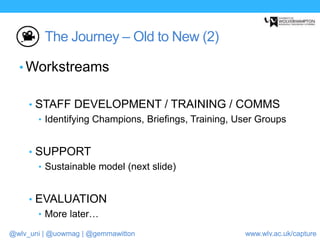 @wlv_uni | @uowmag | @gemmawitton www.wlv.ac.uk/capture
The Journey – Old to New (2)
• Workstreams
• STAFF DEVELOPMENT / TRAINING / COMMS
• Identifying Champions, Briefings, Training, User Groups
• SUPPORT
• Sustainable model (next slide)
• EVALUATION
• More later…
 