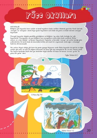 Yüce Okulları
HAYVANLAR
Bildiğimiz gibi hayvanlar birer canlıdır ve kendi hayatlarını başka varlıkları tüketerek geçirirler. Kendi içlerinde
‘’omurgalı’’ ve ‘’omurgasız’’ olarak ikiye ayrılan hayvanların içine bizler de gireriz ve bizler de birer omurgalı
hayvanızdır.
Omurgalı hayvanlar doğada genellikle gördüğümüz ve bildiğimiz ‘’ayı, aslan, balık, kurbağa, kuş’’ gibi
hayvanlardır. Omurgasızlar ise yine bildiğimiz ama omurgalılara oranla daha küçük canlılardır. Bunlar ‘’
solucan, arı, sinek, kelebek’’ ve benzeri hayvanlardır. Hayvanlar sırtlarındaki ‘’omurga’’ adı verilen kemiğe göre
sınıflandırılırlar. Bu kemik bizde de bulunmakla birlikte çok önemli bir organımızdır, çünkü eğer o olmasaydı
hiçbirimiz dik duramazdık.
Her canlının ihtiyacı olduğu gibi bizim de yemek yemeye ihtiyacımız vardır. Bütün hayvanlar da tıpkı biz ve diğer
canlılar gibi acıkır ve susar. Bu doğanın kanunudur. Bu kanun gibi aynı zamanda bir de ‘’av-avcı’’ kanunu vardır.
Her hayvan kendinden küçük olanı yer, kendinden büyük olandan ise kaçar. Bu kanuna ‘’av-avcı’’ ya da ‘’Ye
yoksa seni yerler’’ denir.
D. Rana Alp 7-B
Tuğba Türkücü 6-C
Melike Gönen 1-C 39
 