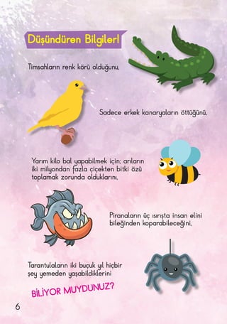 Düşündüren Bilgiler!
Timsahların renk körü olduğunu,
Sadece erkek kanaryaların öttüğünü,
BİLİYOR MUYDUNUZ?
Tarantulaların iki buçuk yıl hiçbir
şey yemeden yaşabildiklerini
Piranaların üç ısırışta insan elini
bileğinden koparabileceğini,
Yarım kilo bal yapabilmek için; arıların
iki milyondan fazla çiçekten bitki özü
toplamak zorunda olduklarını,
6
 