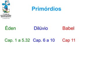 Primórdios
Éden Dilúvio Babel
Cap 11
Cap. 6 a 10
Cap. 1 a 5.32
 